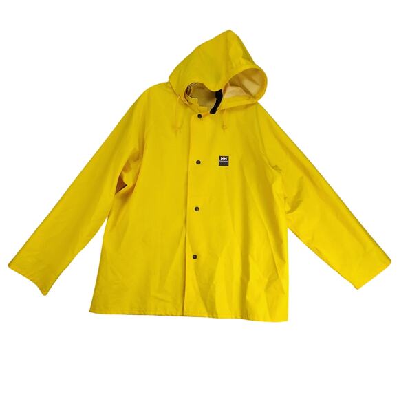 Helly Hansen Yellow Rain Coat Jacket Men's L Removable Hood Snap Front Workwear - Picture 1 of 10